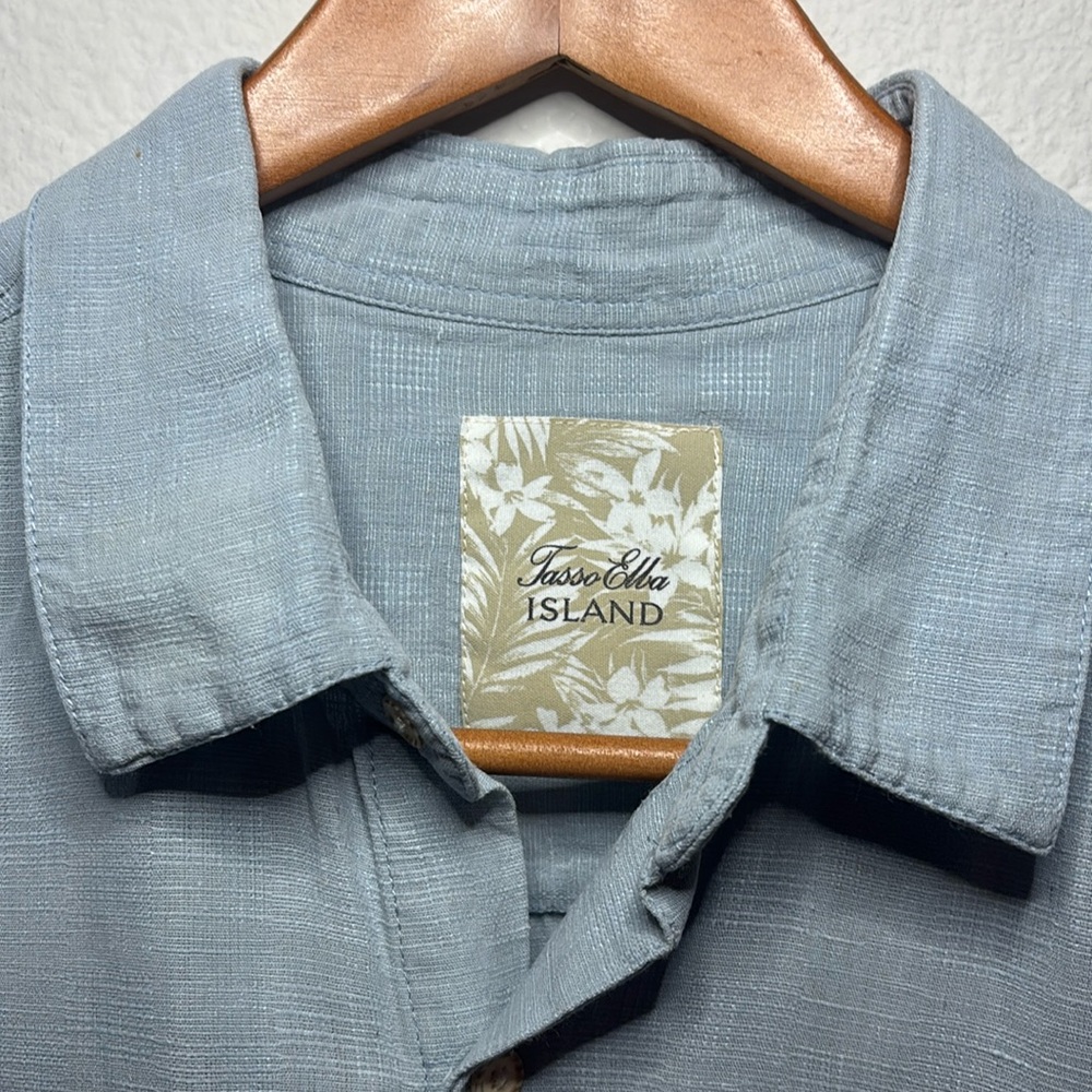 Tasso Elba Shirt Mens 2X Blue Short Sleeve Collared Pocket Button Up Silk/Linen